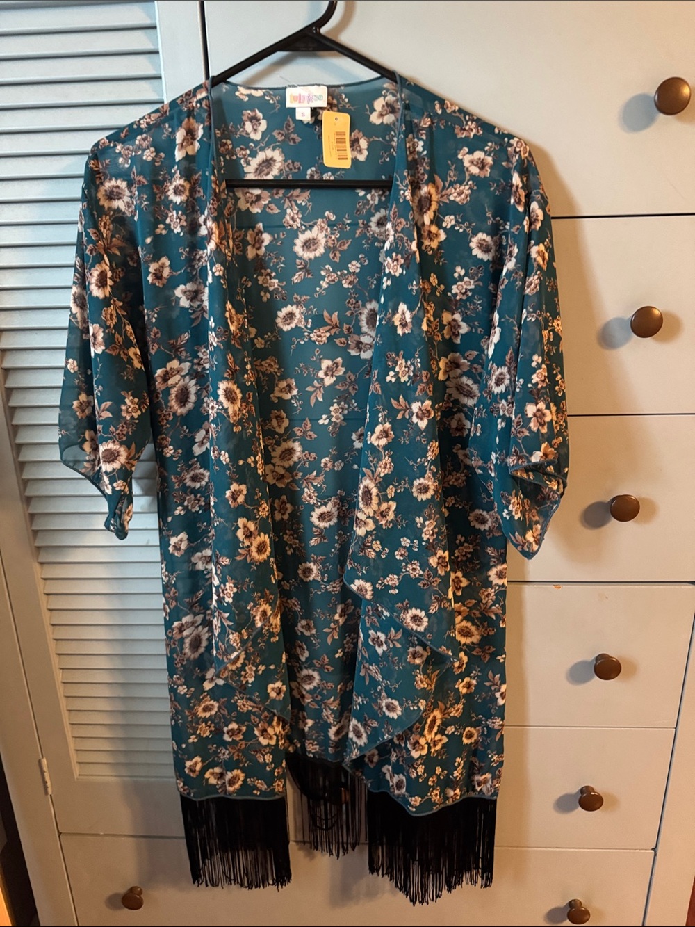 LuLaRoe Teal Floral Kimono with Black Fringe